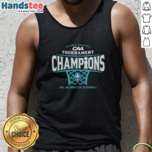 Alt Text: Premium UNC Wilmington Seahawks Men's Basketball 2026 CAA Conference Tournament Champions tank top displayed on a hanger.