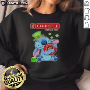 Nice Stitch Hug sweatshirt featuring the Chipotle Mexican Grill logo for a festive St. Patrick's Day celebration.