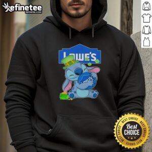 Alt Text: Official Stitch with St. Patrick's Hug Lowes Logo Hoodie featuring vibrant green design for festive celebrations.