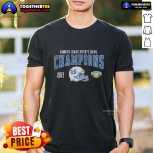 Hot Utah State Aggies 2025 Famous Idaho Potato Bowl Champions Helmet T-Shirt featuring team logo and vibrant colors.