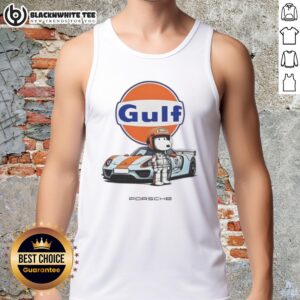 Pretty Snoopy Gulf Porsche tank top featuring a vibrant design of Snoopy with a Gulf Racing theme.