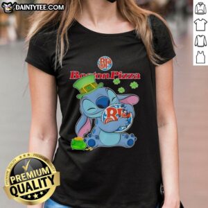 Happy St. Patrick's Day Ladies Tee featuring Nice Stitch and the Boston Pizza logo in vibrant green design.