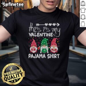 Pretty Valentine Gnome graphic on a cozy pajama T-shirt perfect for Valentine's Day celebrations.