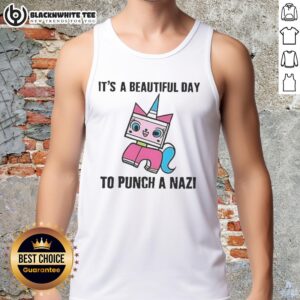 Premium 'It's A Beautiful Day To Punch A Nazi' Unikitty tank top showcasing vibrant colors and playful design.