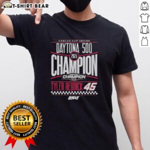 Official Tyler Reddick 45 Checkered Flag Sports T-Shirt celebrating the 2026 Daytona 500 Champion, ideal for fans.