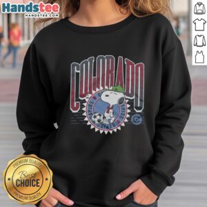 Alt Text: Cozy Top Peanuts Snoopy X Colorado Rapids sweatshirt featuring playful Snoopy design and team colors. Perfect for fans!