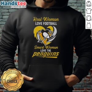 Pretty real woman in a heart hoodie, showcasing love for football and the Pittsburgh Penguins.