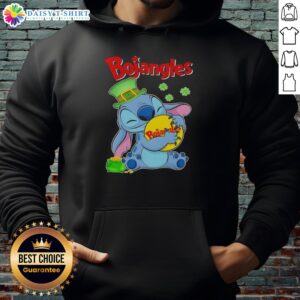Alt Text: Cute Stitch hugging the Bojangles logo on a Happy St. Patrick's Day hoodie, perfect for festive celebrations.