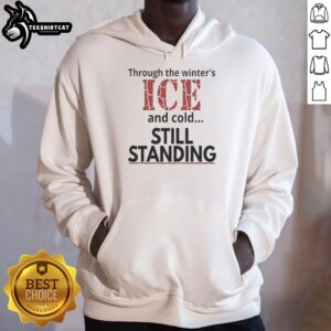 Good Streets of Minneapolis hoodie displayed against a backdrop of winter ice and cold, showcasing urban resilience.