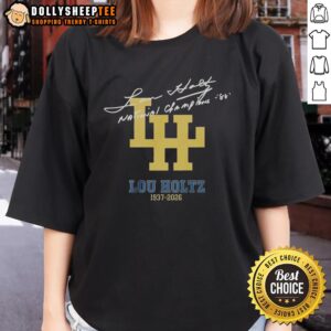 Alt Text: Official Lou Holtz 1937-2026 National Championships signature ladies tee showcasing a stylish design for fans.