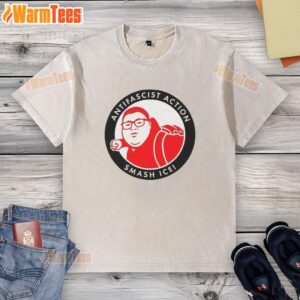 Alt Text: Nice Antifascist Action Smash Ice Washed T-Shirt featuring bold graphics and a trendy design for activism and casual wear.