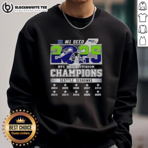 2025 Seattle Seahawks NFC West Division Championship sweatshirt featuring team colors and logo, perfect for fans.