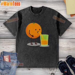 Hot orange juice character on a squeezed washed t-shirt, showcasing a fun and vibrant design for juice lovers.