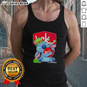 Pretty Stitch Hug The Jack In The Box logo on a Happy St. Patrick's Day tank top for festive celebrations.