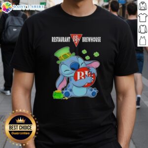 Alt Text: Cute Stitch Hug design on a Happy Patrick's Day T-Shirt featuring BJ's Brewhouse logo.