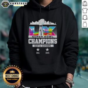Good Seattle Seahawks 2014-2025 Super Bowl LX Champions retro hoodie featuring team colors and logo.
