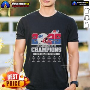 Alt Text: Awesome New England Patriots AFC Conference Champions 2025 helmet T-shirt showcasing team pride and style.