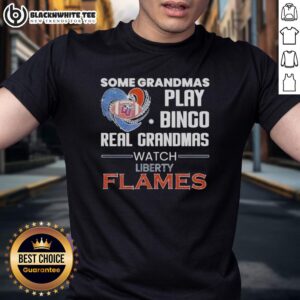Funny Liberty Flames T-Shirt: 'Real Grandmas Watch Liberty Flames' with bingo graphics, perfect for sports-loving grandmas.