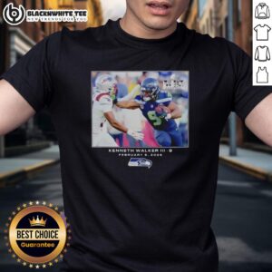 Alt Text: Kenneth Walker III Seattle Seahawks Super Bowl LX T-Shirt featuring vibrant graphics and NFL Flash design.