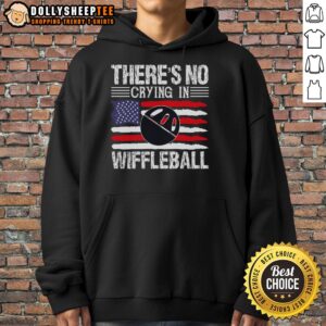 Alt Text: Player wearing 'There's No Crying in Wiffleball' hoodie, showcasing a fun and humorous sports style.