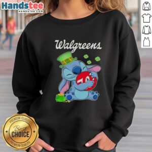 Premium Stitch St. Patrick's Day Hug Sweatshirt featuring Walgreens logo, perfect for festive celebrations and comfort.