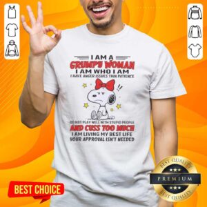 Grumpy woman Snoopy T-shirt featuring 'I Am Who I Am, I Have Anger Issues, Thin Patience' slogan and colorful design.