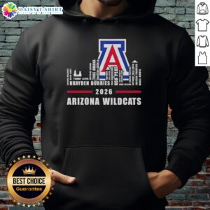 Alt Text: Premium 2026 Arizona Wildcats logo hoodie featuring city skyline and all team names, perfect for fans.