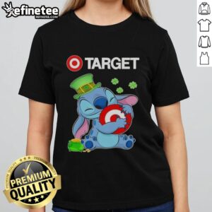 Official Stitch with St. Patrick's Hug Target logo ladies tee in vibrant green, perfect for celebrating St. Patrick's Day.