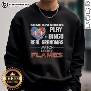 Real grandmas in Liberty Flames sweatshirts enjoying bingo night together, showcasing fun and community spirit.