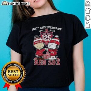 Alt Text: Hot Boston Red Sox Charlie Brown and Snoopy 125th Anniversary 1901-2026 Ladies Tee showcasing vibrant design.