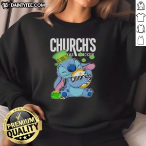 Stitch Hug Church's Chicken logo on a Happy St. Patrick's Day sweatshirt, perfect for festive celebrations.