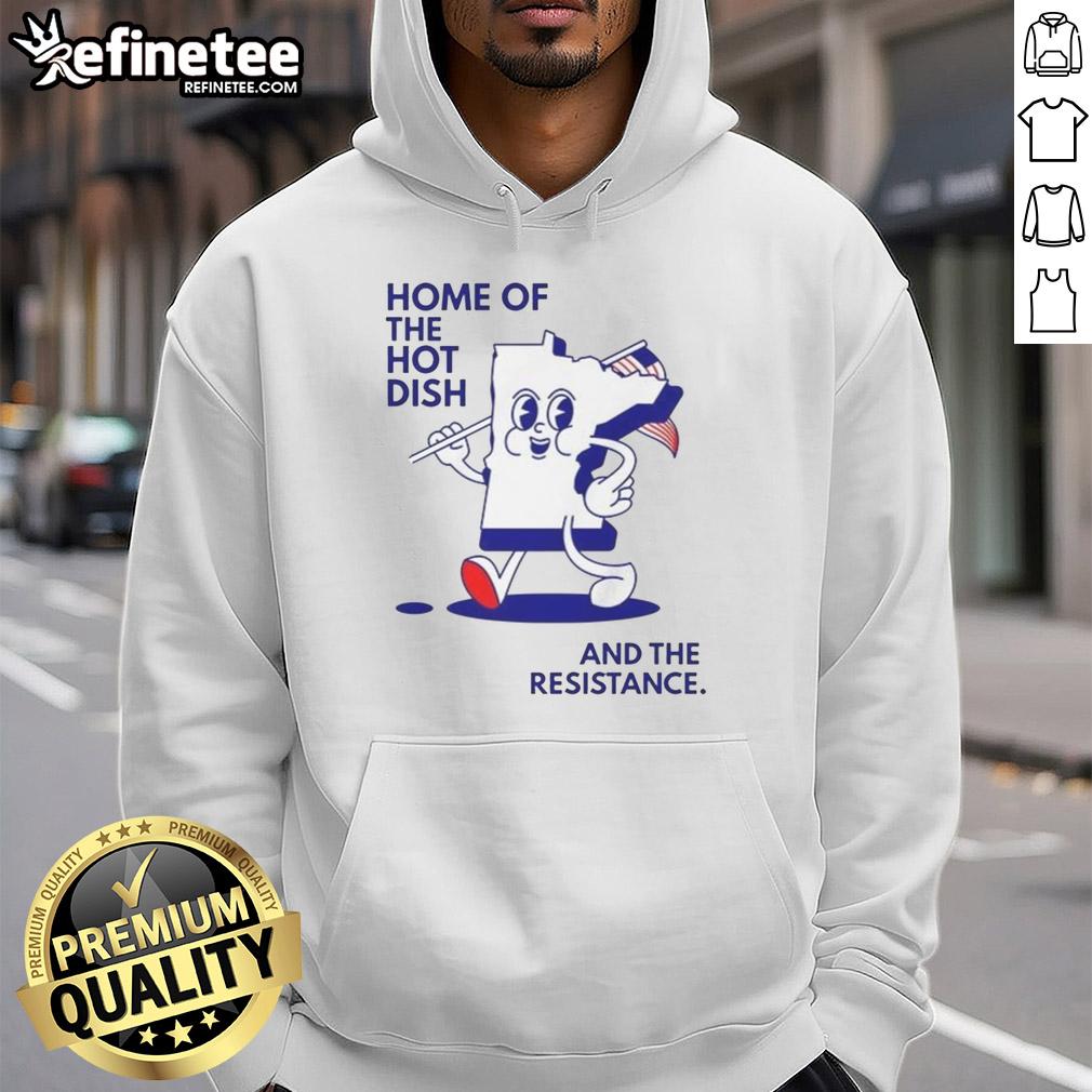good-home-of-the-hot-dish-and-the-resistance-minnesota-map-holding-flag-hoodie Person wearing 'Good Home of the Hot Dish' hoodie, holding Minnesota map and flag, celebrating local pride and culture.
