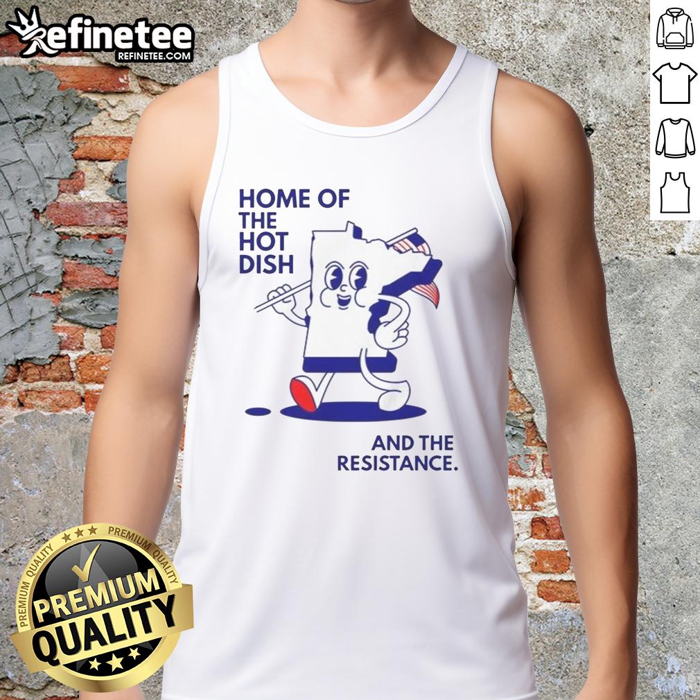 good-home-of-the-hot-dish-and-the-resistance-minnesota-map-holding-flag-tank-top Person wearing a tank top with 'Good Home of the Hot Dish' and a Minnesota map holding a flag, showcasing state pride.
