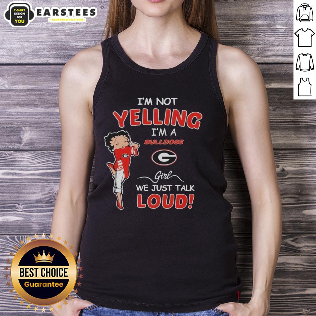 good-im-not-yelling-im-a-georgia-bulldogs-girl-we-just-talk-loud-tank-top Georgia Bulldogs girl wearing a stylish tank top that says 'I'm Not Yelling, We Just Talk Loud' in team colors.