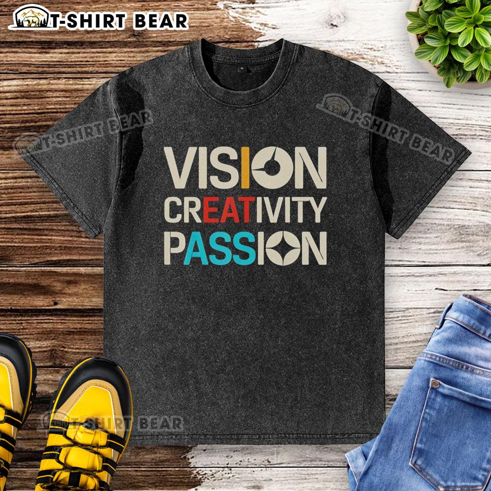 Good Vision Creativity Passion Graphic Art Washed T Shirt Good Vision Creativity Passion graphic art on a washed t-shirt, showcasing vibrant design and stylish casual wear.
