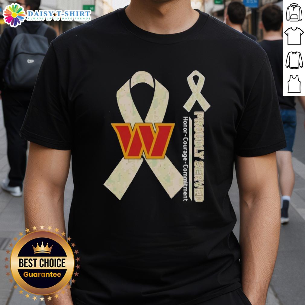 Good Washington Commanders Proudly Served Honor Courage Commitment T Shirt Alt Text: Good Washington Commanders T-Shirt featuring 'Proudly Served Honor Courage Commitment' design for fans.