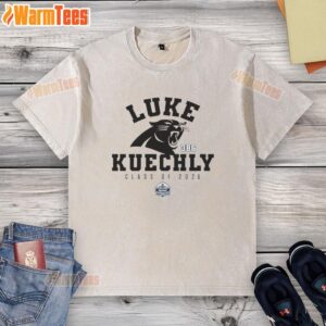 Top Luke Kuechly Carolina Panthers Class of 2026 Pro Football Hall of Fame 386 washed t-shirt displayed on a hanger.