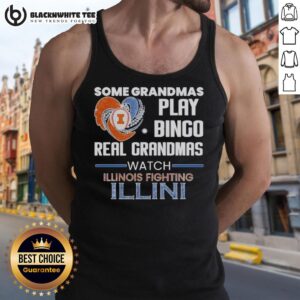 Grandmas in Illinois Fighting Illini tank tops enjoying bingo night, showcasing team spirit and fun.