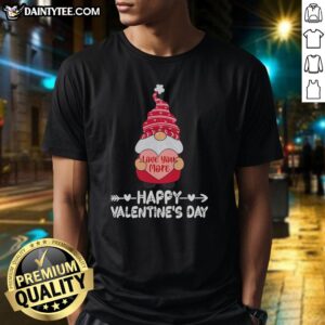 Happy Valentine's Day t-shirt featuring a cute Valentine gnome with 'Love You More' text, perfect for celebrating love.