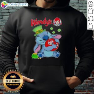 Cute Stitch character in a St. Patrick's Day themed hoodie with Wendy's logo, perfect for festive celebrations.