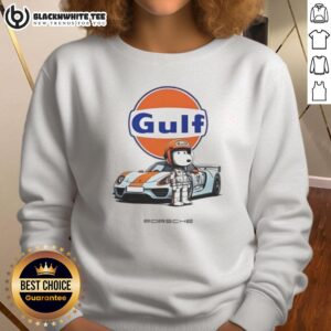 Cozy Pretty Snoopy Gulf Porsche sweatshirt featuring a playful design, perfect for car enthusiasts and Snoopy fans alike.