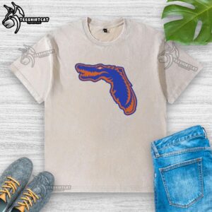 Official Florida Gators map logo mashup washed t-shirt showcasing vibrant team colors and stylish design for fans.