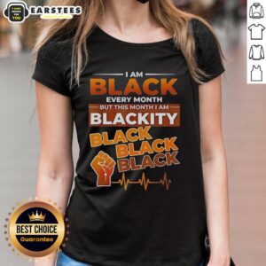 Alt Text: Funny Blackity Black Heartbeat Ladies Tee, celebrating Black pride every month with humor and style.
