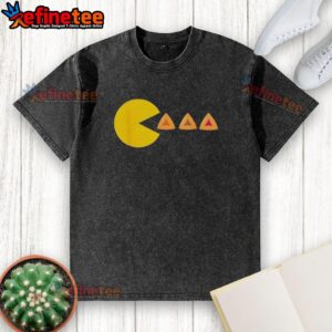 Colorful Purim costume featuring Pac-Man eating hamantaschen on a washed t-shirt, perfect for festive celebrations.