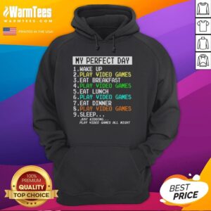 Person in a retro hoodie enjoying their perfect day: waking up, playing video games, and eating breakfast.