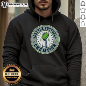 Alt Text: Nice Seattle Football Champion 2026 emblem hoodie featuring a bold design and vibrant colors, perfect for fans.