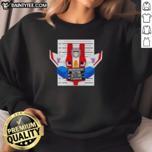 Alt Text: Funny Starscream Cybertron Police Dept mugshot sweatshirt featuring a playful design of the iconic transformer character.