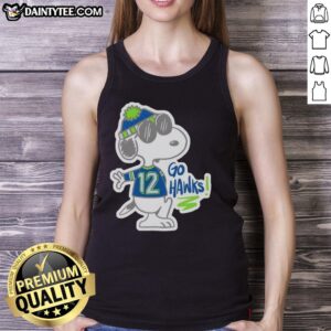 Alt Text: Awesome Snoopy in Seattle Seahawks outfit wearing a Go Hawks tank top, perfect for football fans and Snoopy lovers.