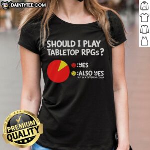 Top 'Should I Play Tabletop RPGs? Yes!' Dungeons and Dragons ladies tee in vibrant colors, perfect for RPG enthusiasts.