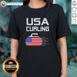 Original Curling USA Support Team Ladies Tee featuring American flag design, perfect for curling fans and patriotic supporters.